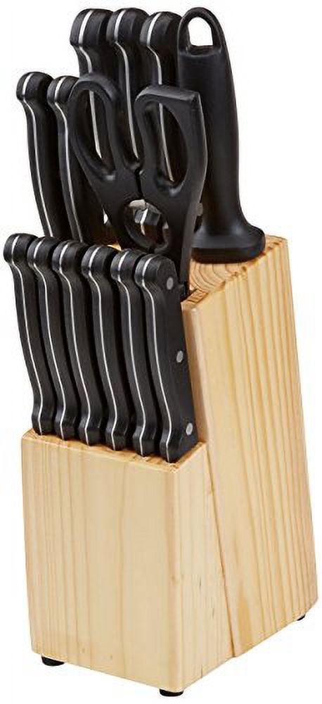 Basics 9-Piece Premium Kitchen High-Carbon Stainless-Steel Blades  with Pine Wood Knife Block Set, Black