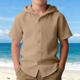 thumbnail image 6 of Glisme Boys Hooded Short Sleeve Linen Button Up Tops Casual Summer Breathable Beach Shirt Coffee Tops Size 7-8 Years, 6 of 9