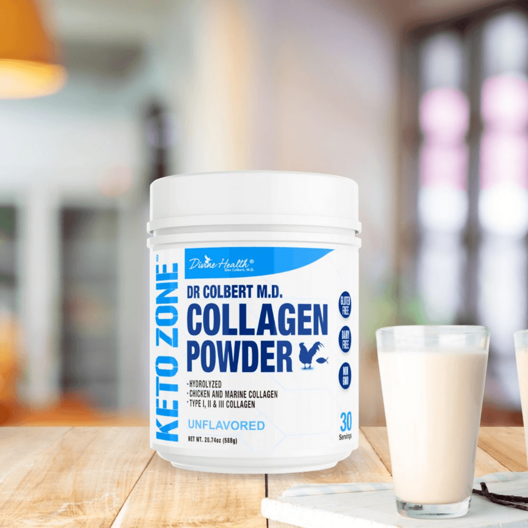 Dr. Colbert, MD Hydrolyzed Collagen Powder | Unflavored | by Divine Health | Type I, II, III Collagen | Support Healthy Hair, Skin, Nails and Joints | Keto Zone | 588g | 30 Servings