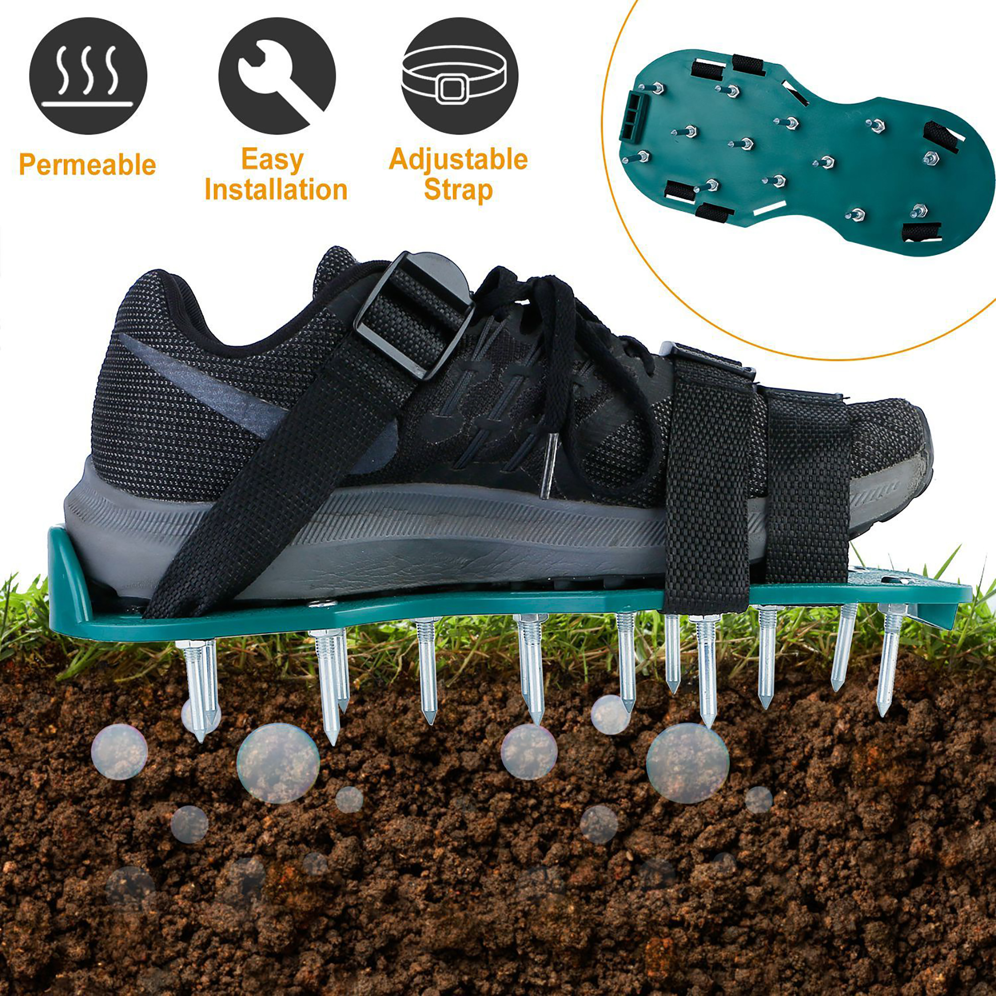 Lawn Aerator Shoes – Metal Spike Sandals for Aeration, Strong PP Base, Adjustable Straps, Improve Lawn Health Fast