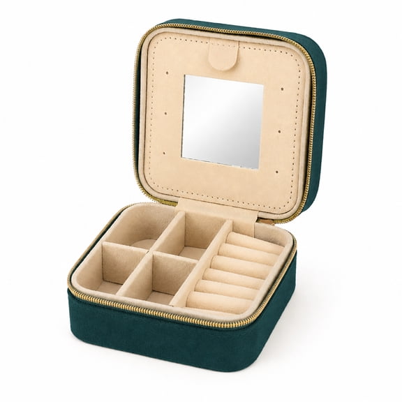 Unique Bargains 1 Pc Portable Zipper Design Jewelry Case Organizer with Mirror Green