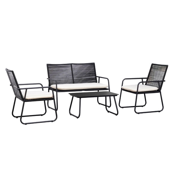 Set de Exterior Ruko Sillas + Sofá + Mesa de Centro de Acero y Ratán Ideal Para Terraza y Jardin Color Negro