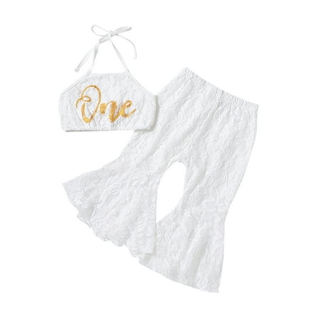 

Meihuida Baby Girls Outfits Casual Letter Print Bandage Halterneck Lace Tops and Elastic Flared Pants Set