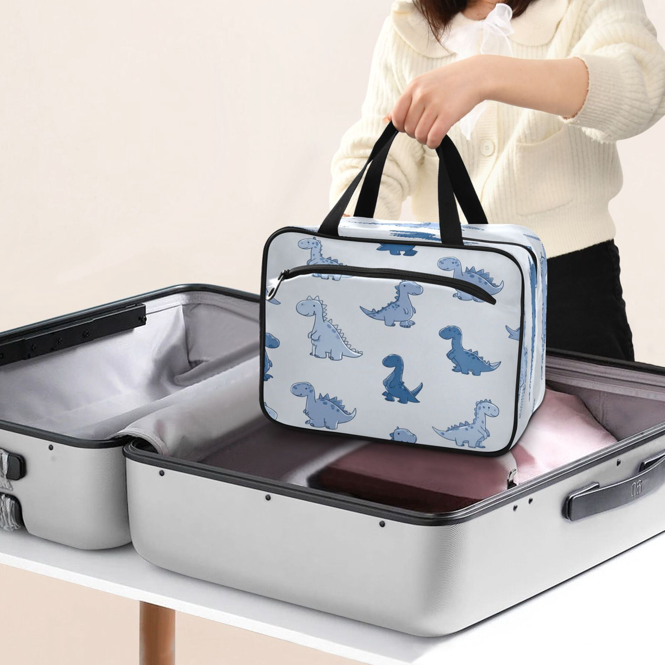Travel Toiletry Bag with Metal Hook Large Capacity Cosmetic Bag Toiletry Bags for Travel, Gym, Camping Cute Blue Dinosaurs