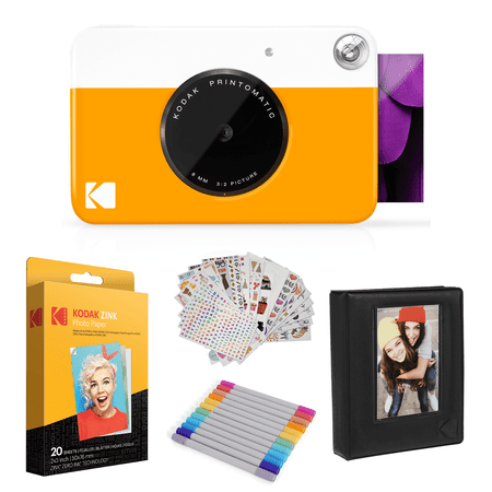 Kodak Printomatic Instant Camera (Yellow) Bundle, 20 Pack Zink Paper, Case, Photo Album, and More