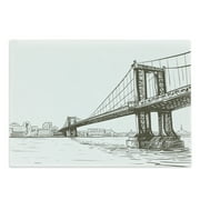 New York Cutting Board, Digital Drawn Brooklyn Bridge Unusual Graffiti Style Old Urban Cityscape Print, Decorative Tempered Glass Cutting and Serving Board, Large Size, Brown White, by Ambesonne