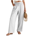 thumbnail image 5 of larppty Linen Pants Women Summer Elastic Waist Drawstring Straight Leg Pants Flowy Beach Vacation Lounge Trousers with Pocket (White, M), 5 of 9
