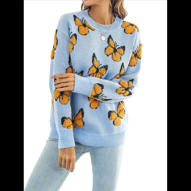 Suéteres de Punto con Estampado de Mariposas para Mujer, Informales, de Larga y Cuello Redondo Azul y Amarillo M