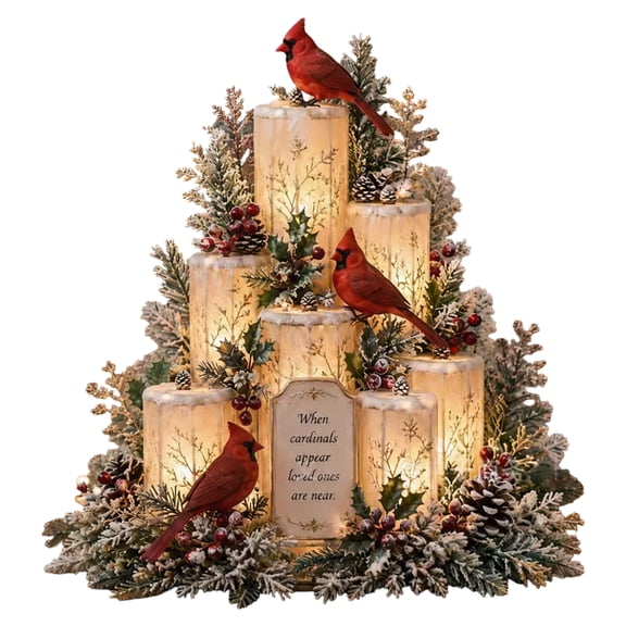 Cardinal Memorial LED Candle Centerpiece, Christmas Table Decor with Warm Light, Holiday Tabletop Ornament for Mantel Shelf Home Decor