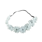 Art Attack Braided Chiffon Crystal Stone Floral Flower Crown Stretch Festival Headband (White)