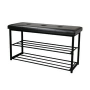 GIA Design Group 2 Tier Shoe Rack Bench with Padded Black Vegan Leather Seat, Dark Gray