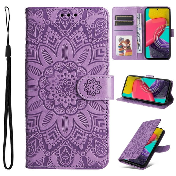 Wallet Case for Samsung Galaxy A04E, Exquisite Flower Embossed Pattern Magnetic Clasp PU Leather Flip Folio Cover with Kickstand Card Slots Holder Soft Silicone Shockproof Case,Purple