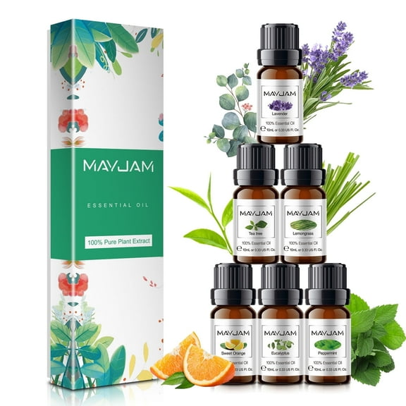 MAYJAM 6PCS Essential Oils Gift Set for Diffuser, Lavender, Eucalyptus, Lemongrass, Peppermint, Tea Tree, Sweet Orange