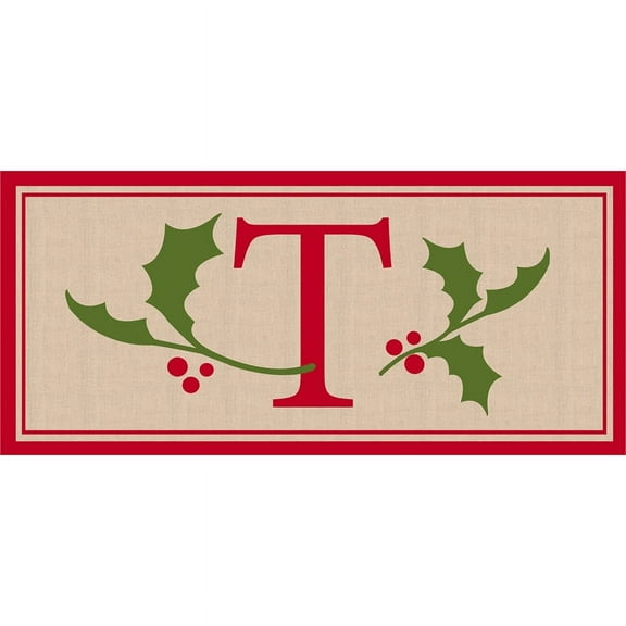 Evergreen Floor Mat Holly & Berry Monogram Sassafras Mat, T Letter, 22'' x 10'' inches