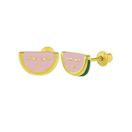18k Gold Plated Fruit Watermelon Pink Enamel Kids Screw Back Earrings