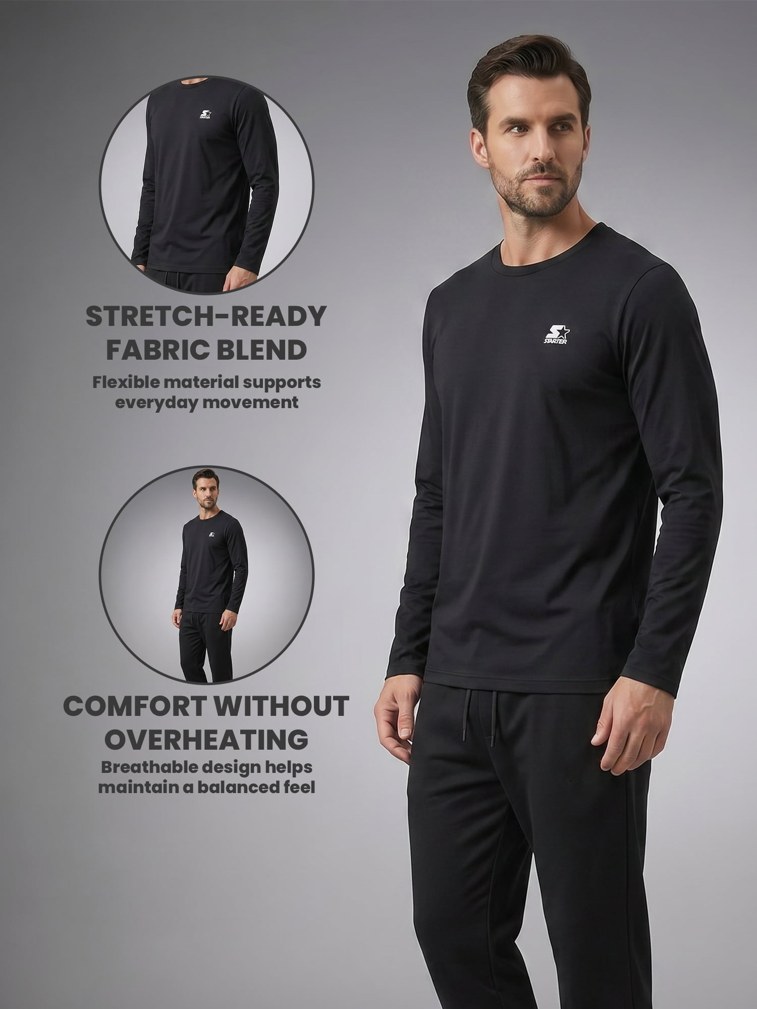 Starter Men's Pajamas 2-Piece Super Soft Long Sleeve Top and Pant Set, Black, L