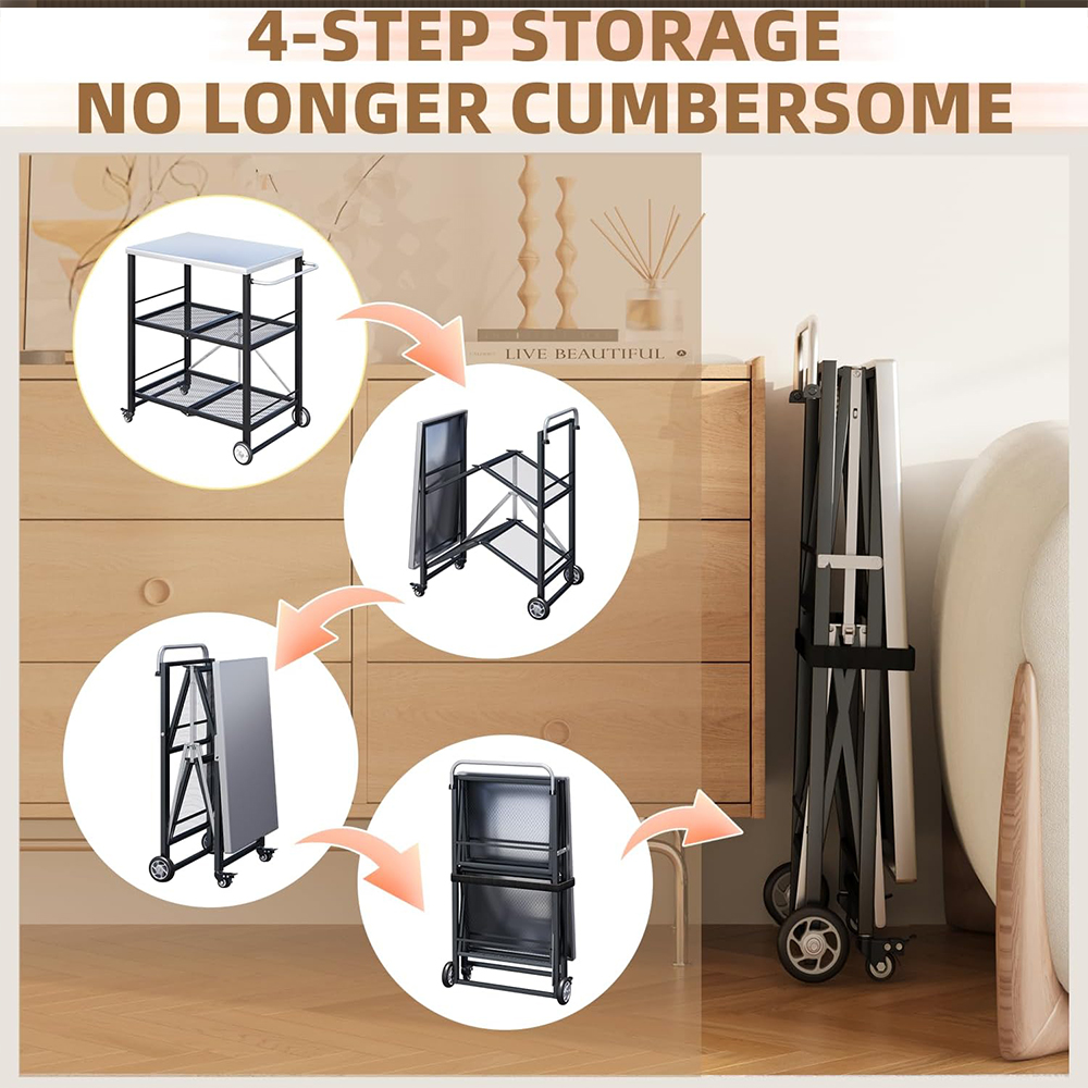 Three-layer foldable stainless steel cart with wheels, portable kitchen island suitable for apartment, studio, and backyard cooking, black