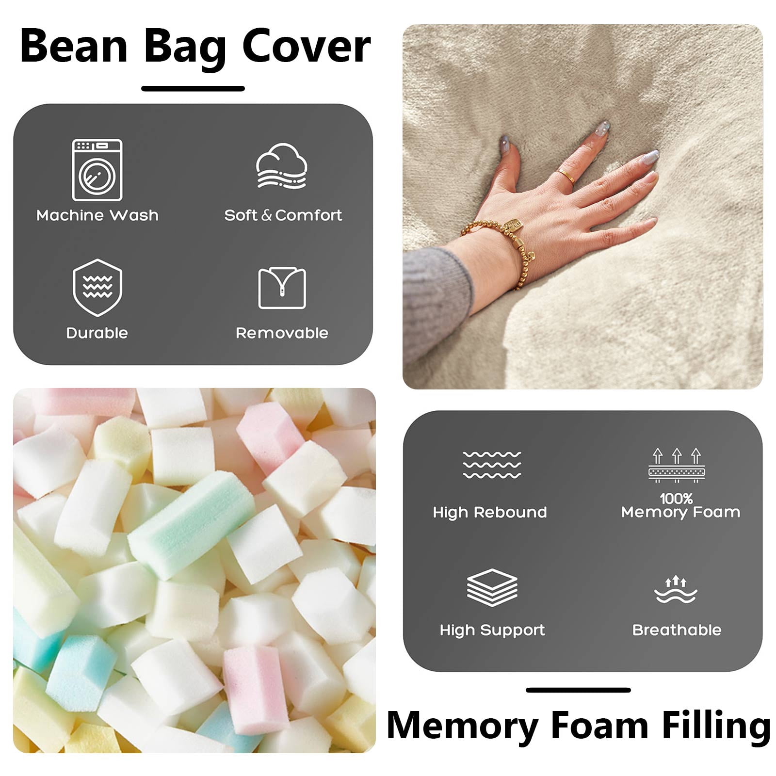 6FT Large Bean Bag Chair, Memory Foam Sofa with Washable Suede Cover, Reinforced Zipper for Adults Kids Living Room Bedroom