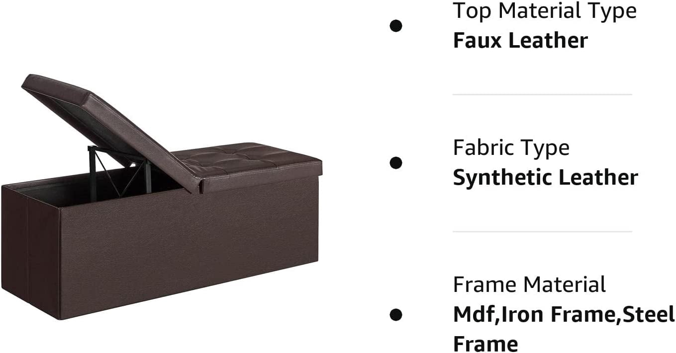 SONGMICS 43" Folding Storage Ottoman Bench Storage Chest Ottoman with Storage Leather Footrest Seat Padded Bench Brown