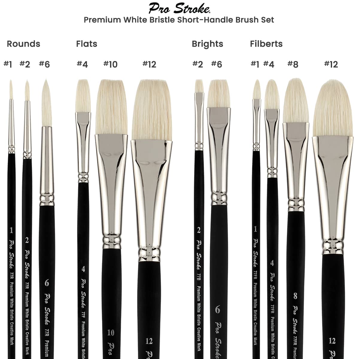 Creative Mark Pro Stroke Premium White Chungking Hog Bristle Artist Paint Brush - Short Handle Set of 12 with Easel Case - Natural Bristle Brush w/ Soft Touch Handle for Oils and Acrylics