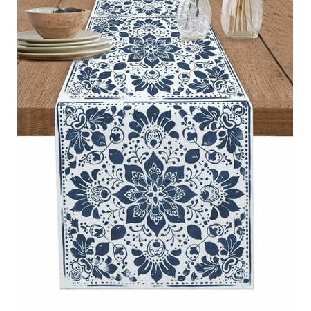 

Blue Floral Table Runner Ethnic Boho Botanical Geometric Art Tablerunners 13 x 70 Inch Table Decorations Tabletop Scarf for Summer Gathering Holiday Farmhouse Kitchen Dining Decor