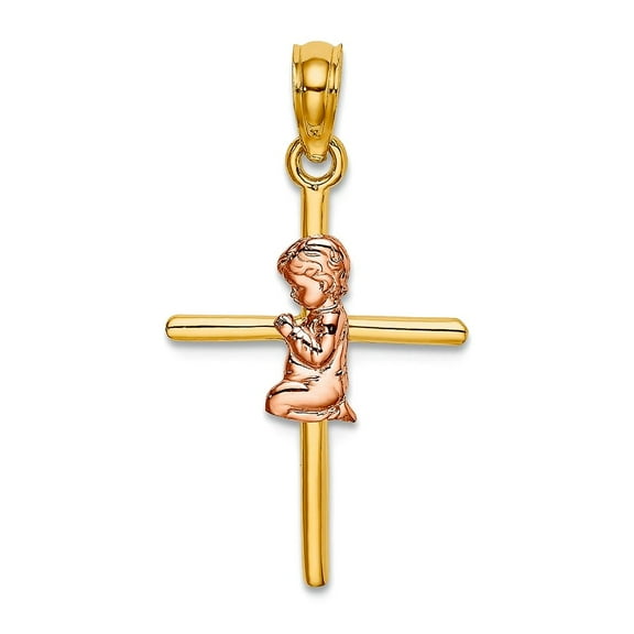 14.3mm 10k Solid Gold Two-tone 2-d Religious Faith Cross Charm Pendant Necklace for Women - .6 Grams