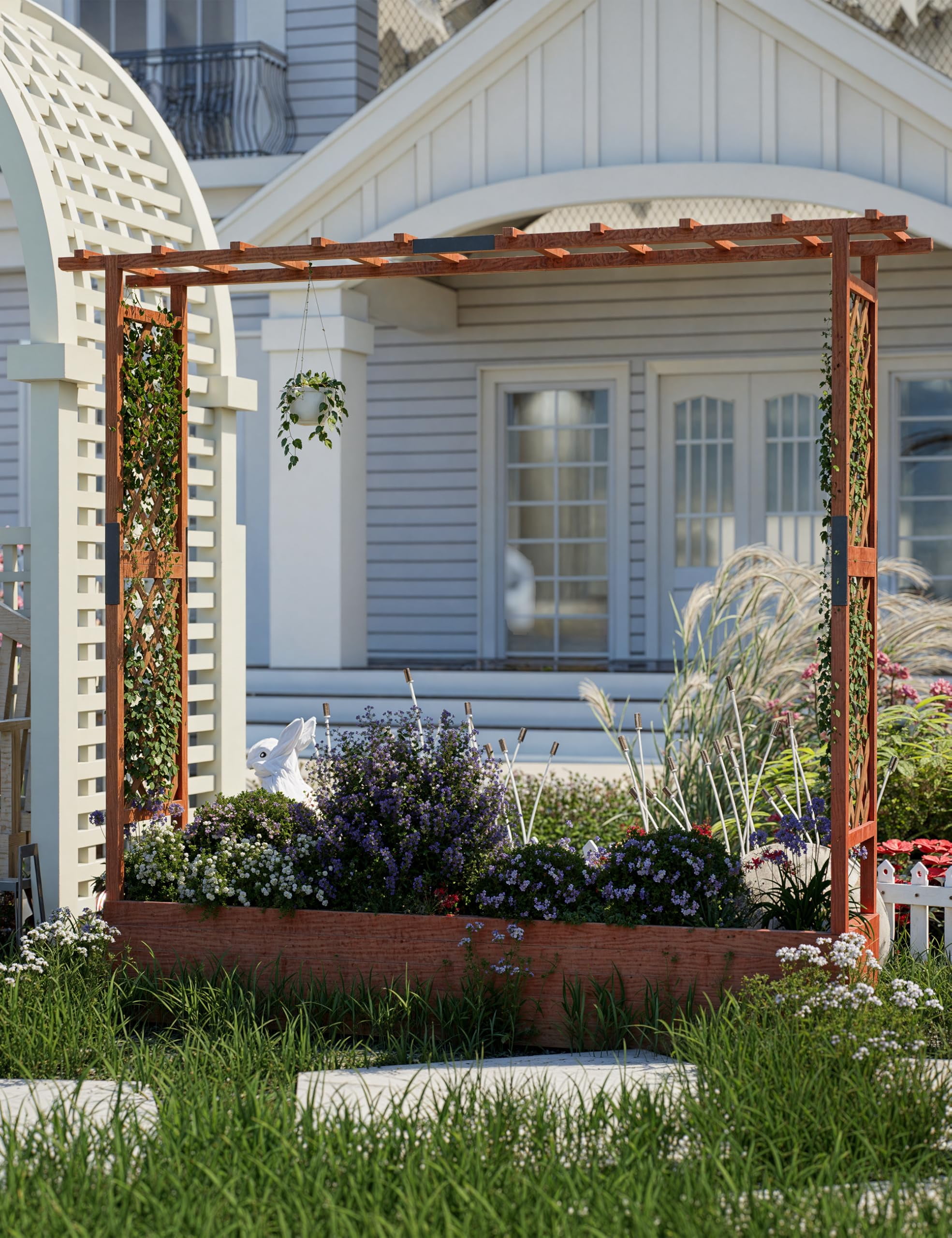 Goldensoil 77"x17"x72" Raised Garden Bed with Trellis, Wooden Elevated Planter Box with Hanging Roof
