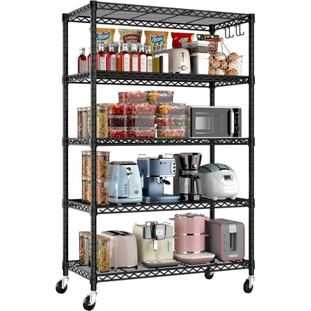 HiiKaa 36" W x 18" D x 71" H Wire Storage Shelves with Wheels,5 Tier NSF Certified Heavy Duty Adjustable Kitchen Shelving Unit,Pantry Organizer Rack Rolling Metal Shelf for Garage Closet Bathroom