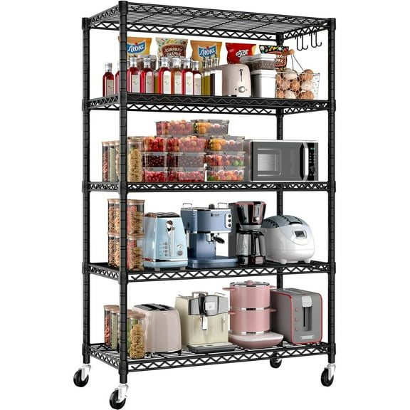 HiiKaa 36" W x 18" D x 71" H Wire Storage Shelves with Wheels,5 Tier NSF Certified Heavy Duty Adjustable Kitchen Shelving Unit,Pantry Organizer Rack Rolling Metal Shelf for Garage Closet Bathroom