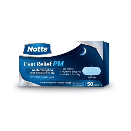 NOTTS PM Pain Relief 500mg Acetaminophen & 25mg Diphenhydramine, 50 Pills