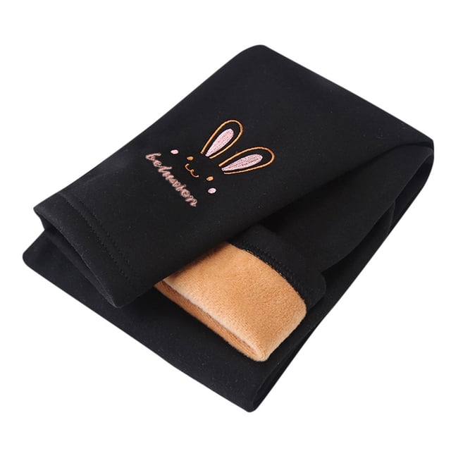 MIASHUI Girls Winter Warm Lined Leggings Embroidered Rabbit Bottoms Soft Stretchy Pants,Black,5-6 Years