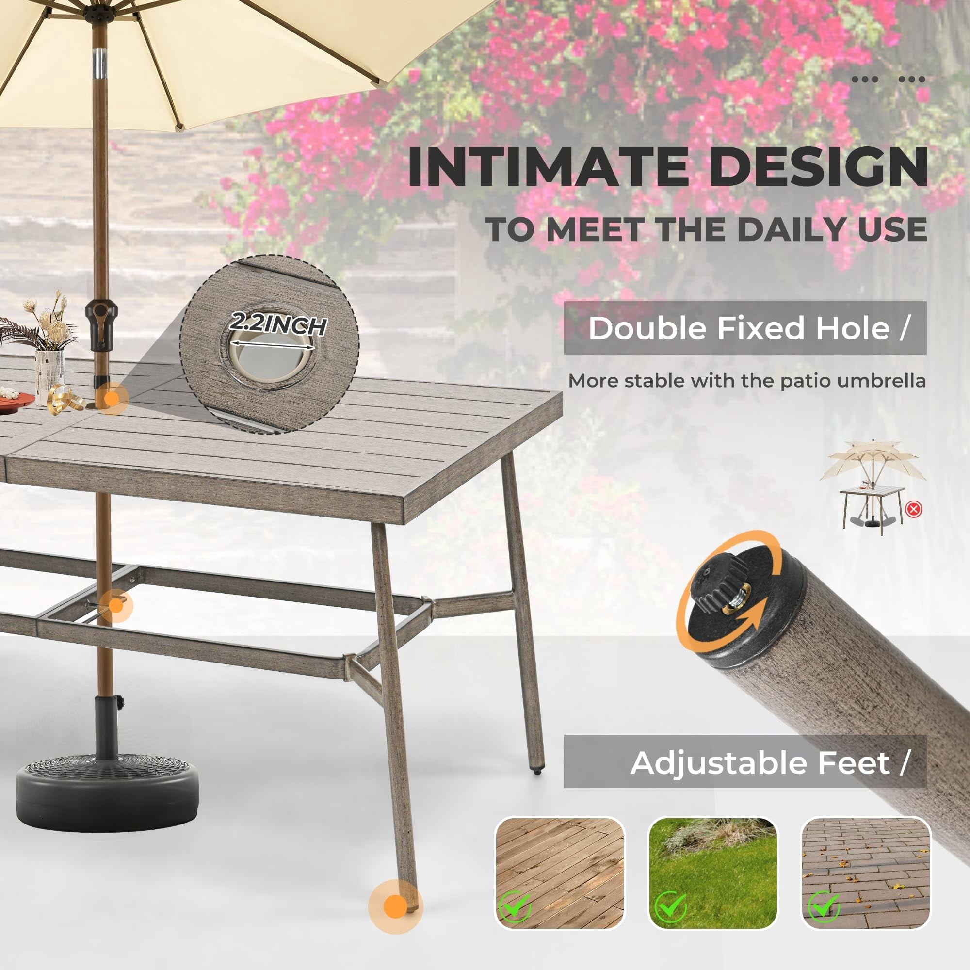 Patio Dining Table for 8, 84 Inch Outdoor Aluminum Table with Umbrella Hole, All Weather Rectangle Patio Table for Backyard Garden Poolside Deck, Dark Gray