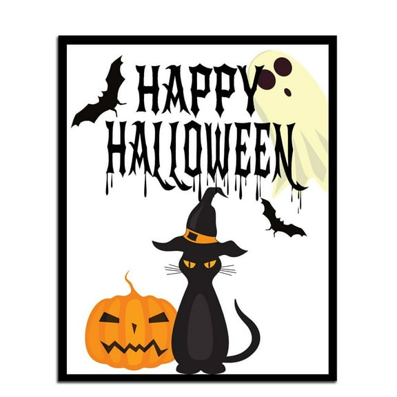MSFCON Happy Halloween Print, Halloween decor, Wall art, Halloween Poster, Black Cat print