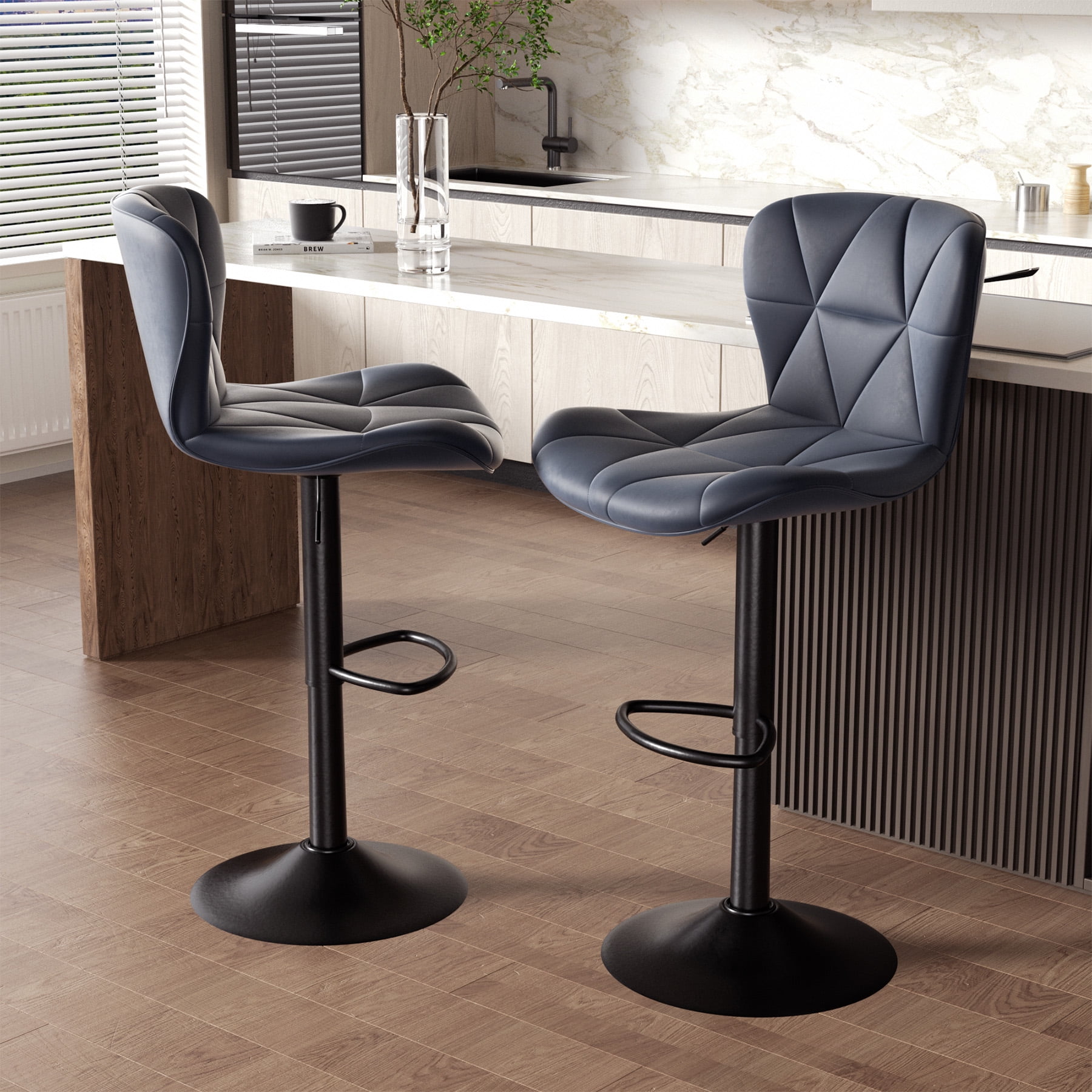 Hawsaiy Modern Bar Stools Set of 1, Adjustable Faux Leather Upholstered Swivel Bar Stools, Counter Height Bar Chairs with Back for Kitchen Island, Dark Gray