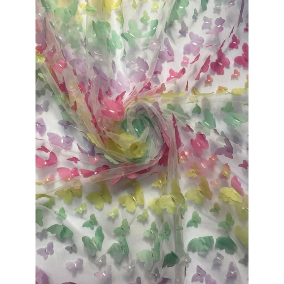 Pastel Rainbow Butterflies Sewn on Mesh Fabric, 54" Wide, Sells by the Yard from Sal Tex Fabrics