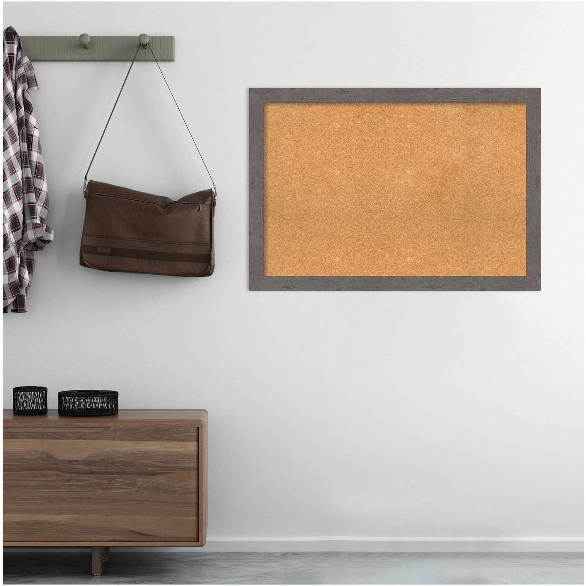 Amanti Art Natural Cork Board Framed Rustic Plank Grey Narrow Bulletin Board 39 in. x 27 in.