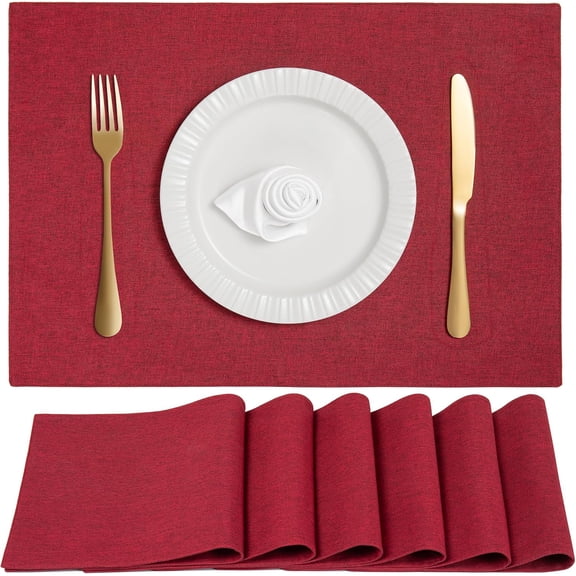 Linen Cloth Double Layers Placemats, Cotton Woven Placemats Set of 6, Kitchen Table Farmhouse Decor Heat Resistant Table Mats, Outdoor Indoor Square Fabric Place Mats Can be Washable