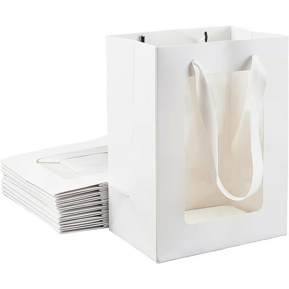10 Packs White Kraft Paper Bag with Clear Window 8x6x4 Gift Bags with Handle for Wedding Favor Proposal Gift Packing