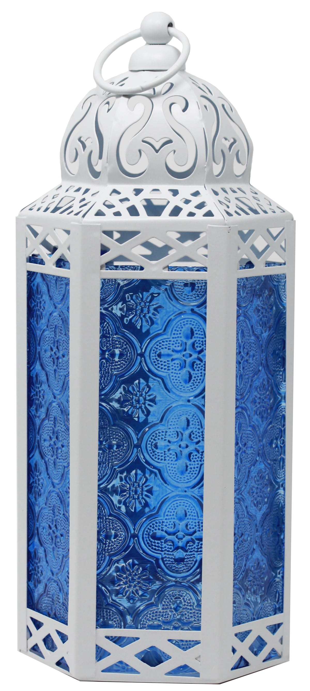 White Moroccan Decorative Candle Lantern Holder for Decor, Cobalt Glass