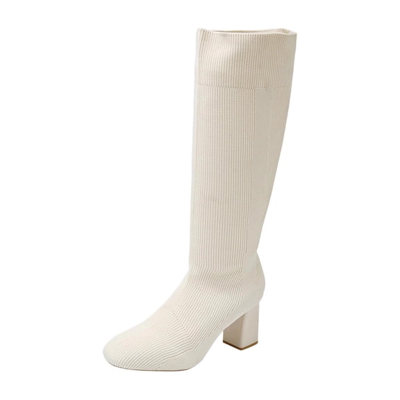 Beige Women Mid-Calf Boots With Round Toe And Thick Heel For Casual Wear