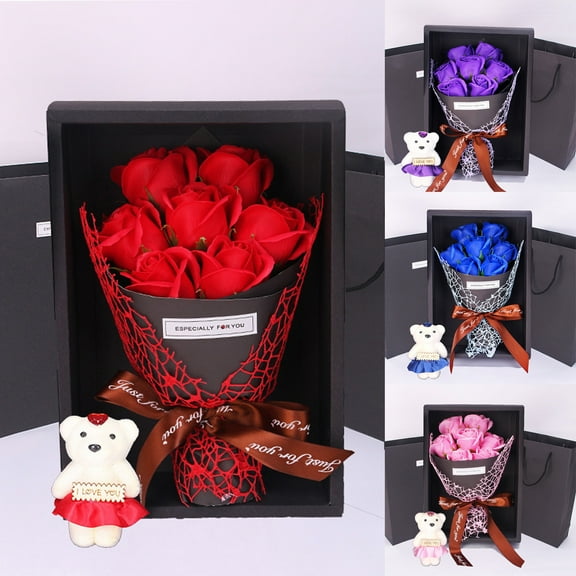 Valentine's Day Gifts Under $10 Artificial Rose Flower Bouquet 7 Soap Roses Gift Box with Cute Bear Anniversary Wedding Mothers Day Birthday Gift for Women,Girlfriend Home Decoration