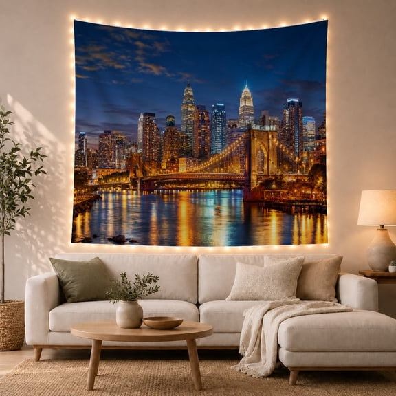City Skyline and Bridge Reflected on Water, Nostalgic Retro Style for Travel Lovers, City Wall Art, Housewarming Gift, Tapestry Wall Hanging for Bedroom and Living Room