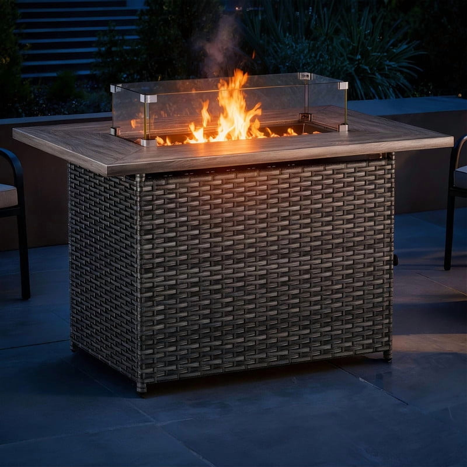 Giantfurnni 41" Propane Fire Pit Table with Lid, Outdoor Wicker 50,000 BTUs Rectangle Gas Fire Pit Table with Glass Wind Guard and Lava Rocks for Balcony Porch Deck