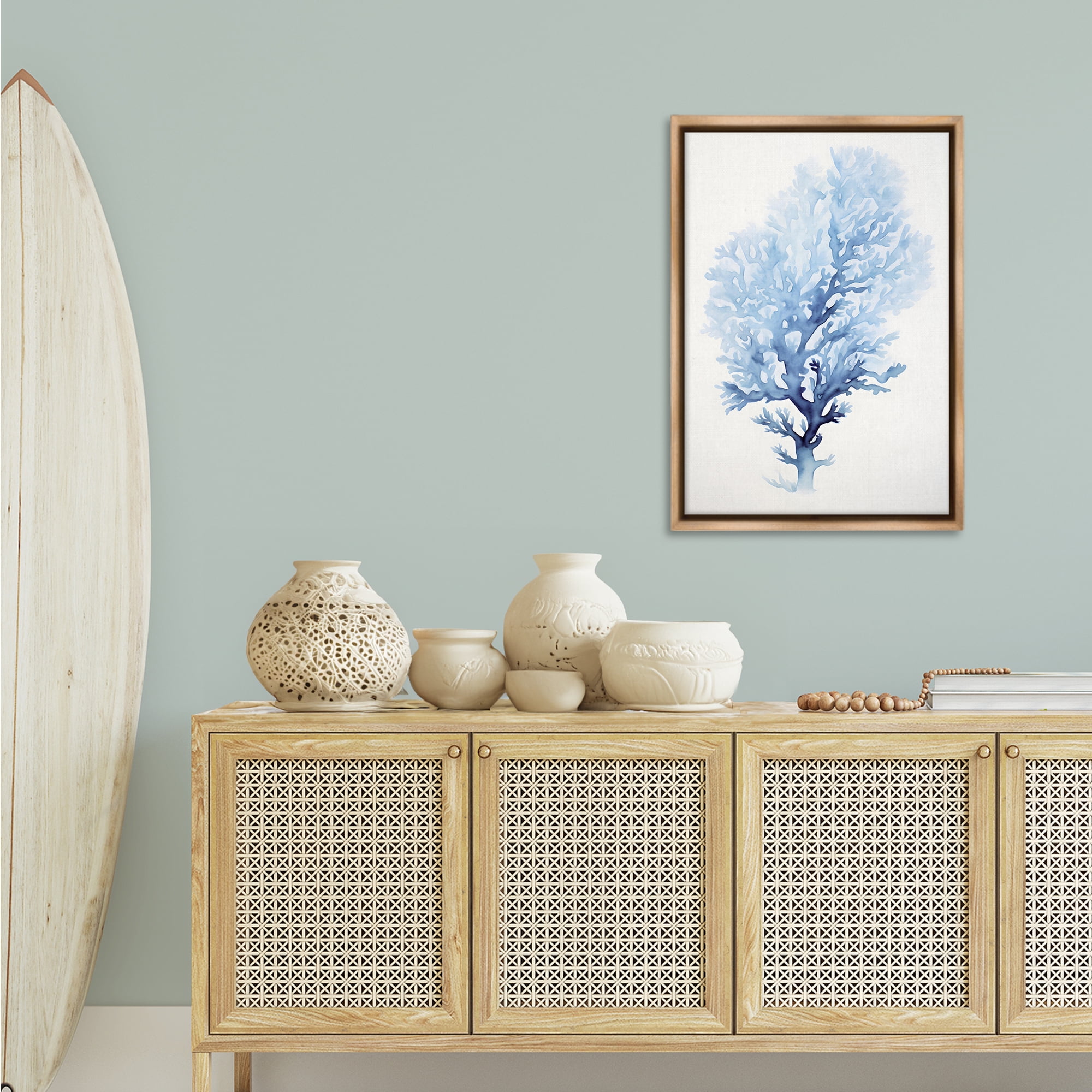 Stupell Industries Blue Coral Impression Animals & Insects Painting Brown Floater Framed Canvas Art Print Wall Art, 21 x 31