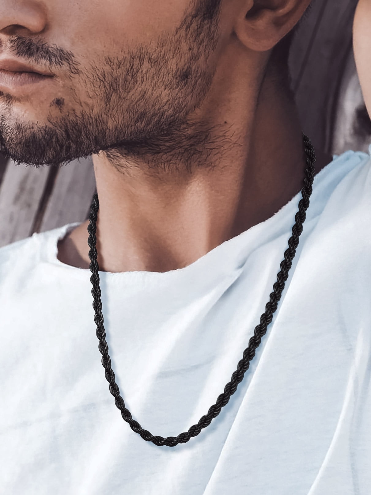 Bandmax 6MM Black Men Rope Chain Necklace 22 Inch Hypoallergenic Stainless Steel Chunky Cable Twisted Chain for Men Women Jewelry Gift