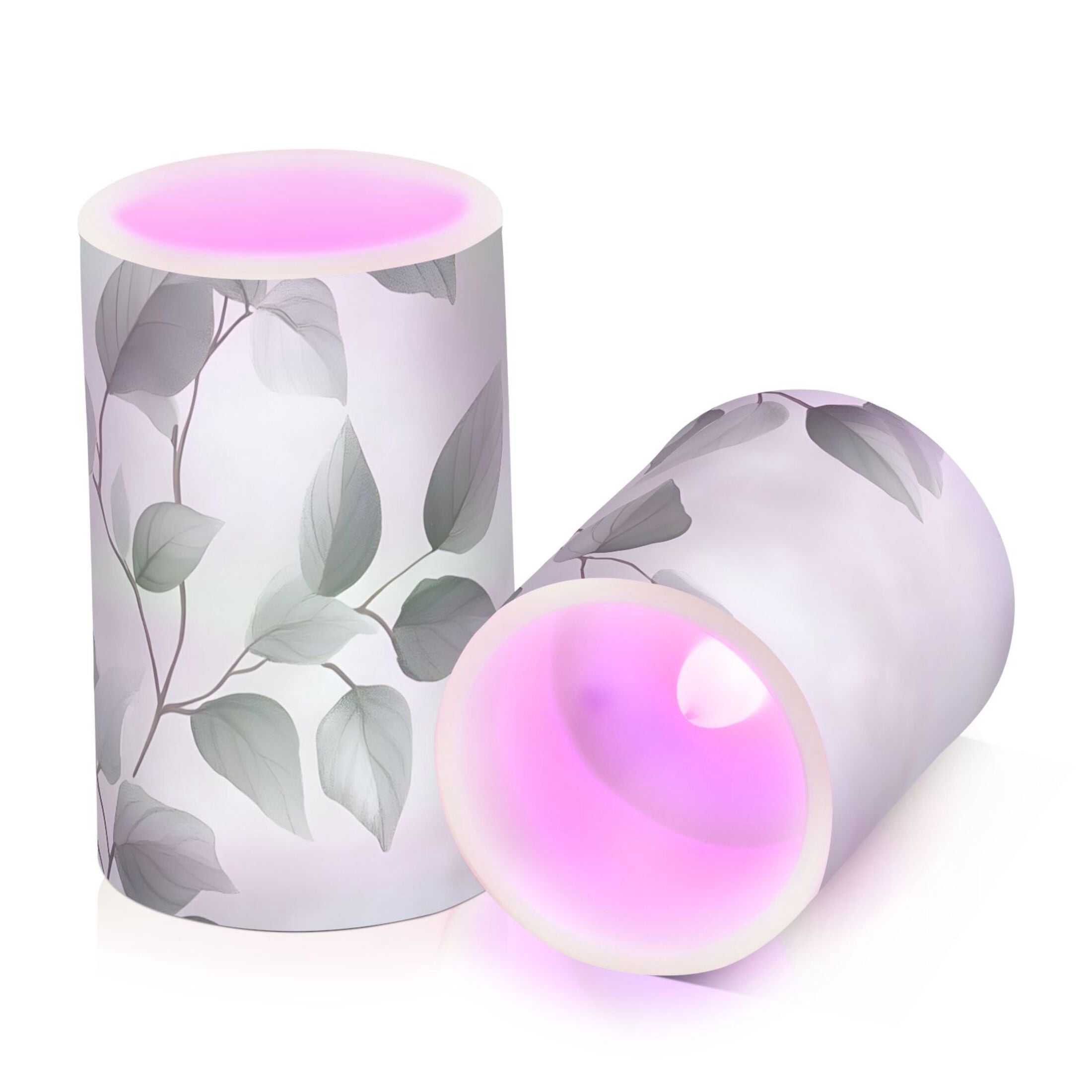 Watercolor Green Leaf Flickering Flameless Candles Battery Operated with Remote Timer LED Pillar Candles Set of 2