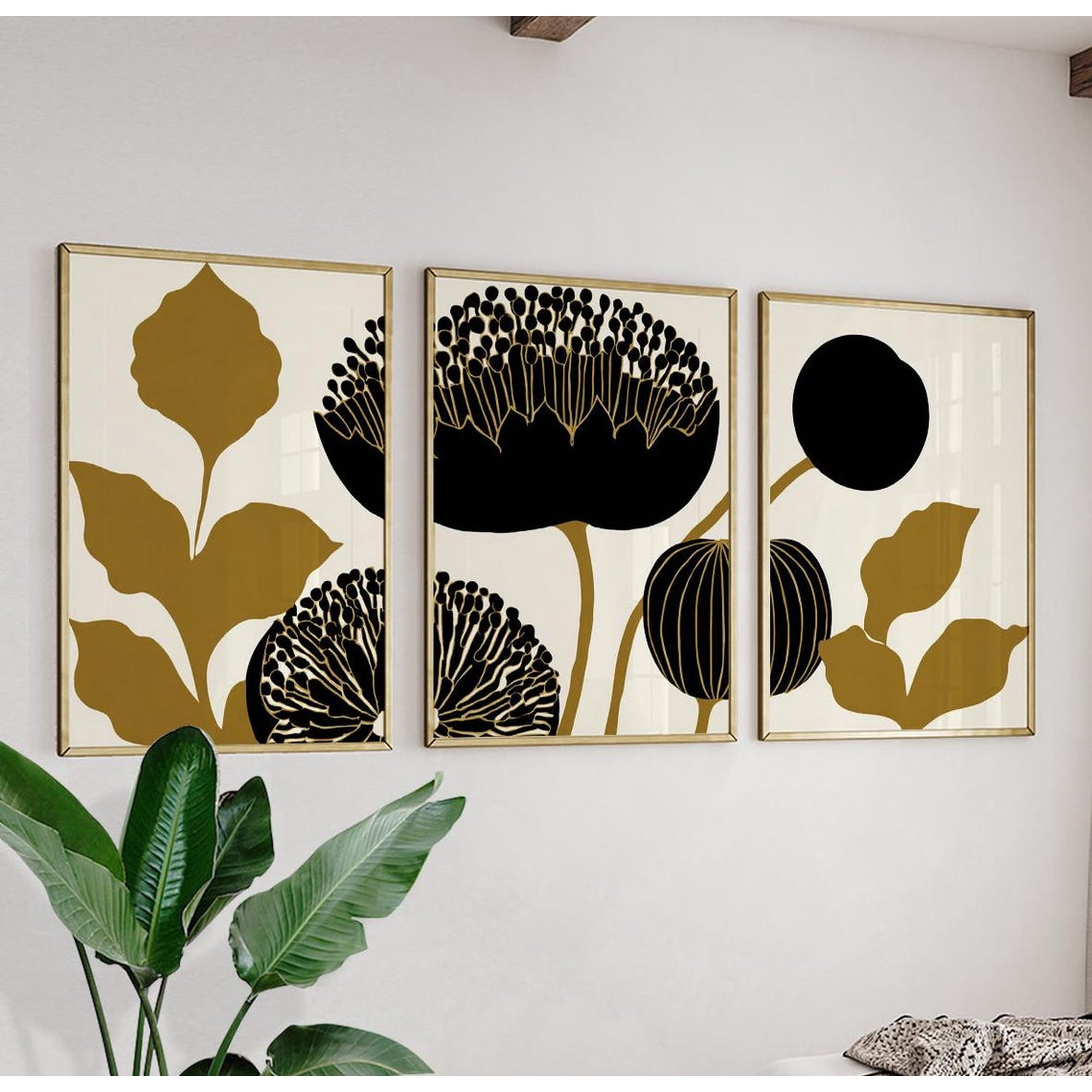 Black Gold Botanical Floral Modern Abstract Plant Version Two Wall Art Botanical Bedroom And Living Room Decor
