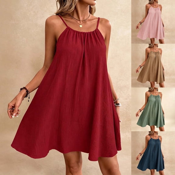 Ihhxva Women's Cotton Sleeveless Sundress Relaxed Fit Stretchable Adjustable Waist Backless Spaghetti Straps Summer Beach Party S-2XL