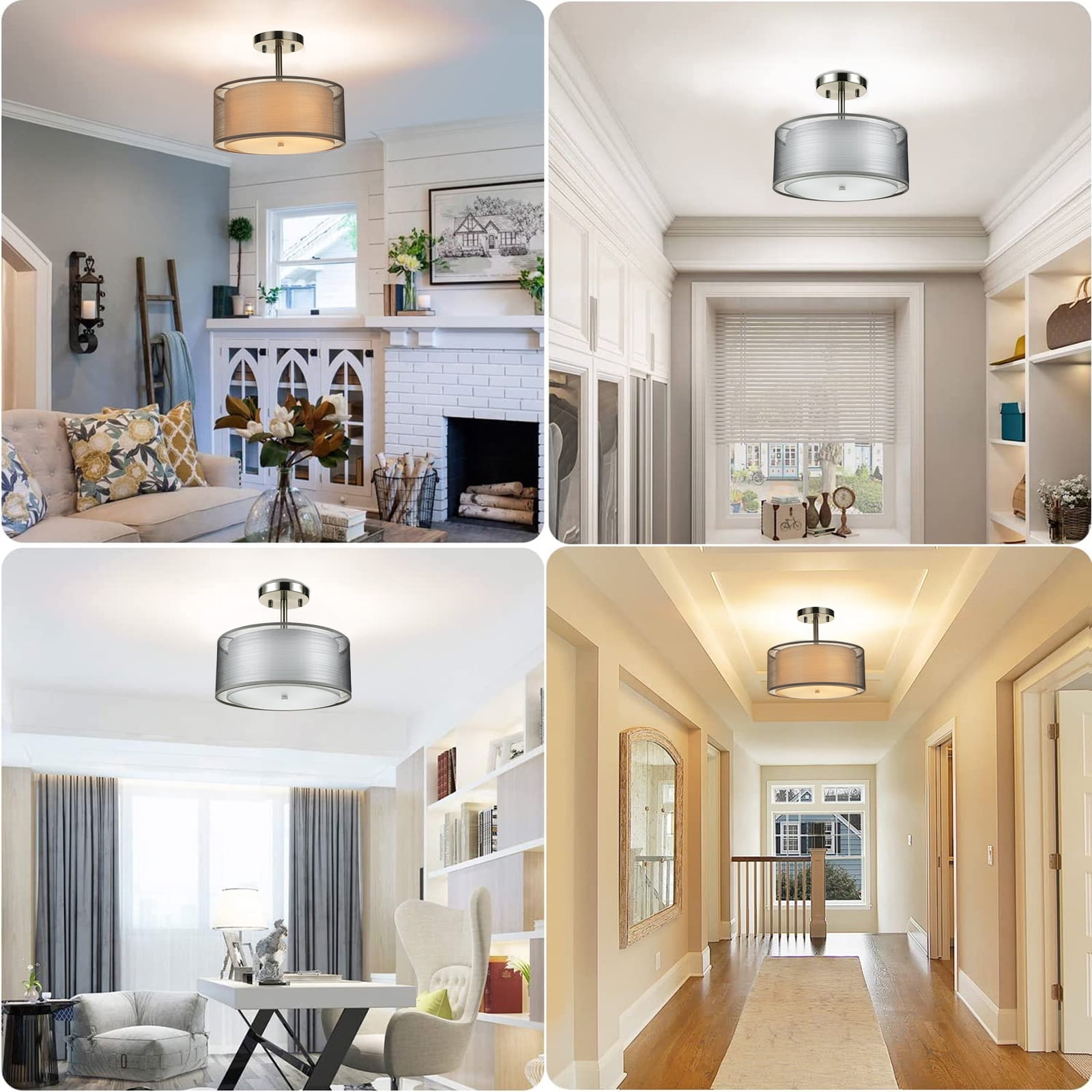 FRIDEKO HOME 12inch Semi Flush Mount Ceiling Light, Double Fabric Shade, 3-Lights Modern Drum Light Fixture for Hallway, Living Room, Bedroom (Without Bulbs)