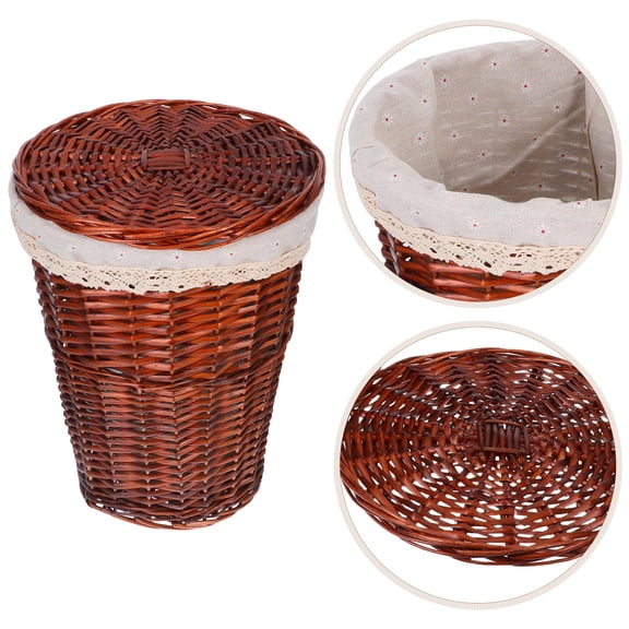 EXHUMKY Handwoven Brown Wicker Waste Basket with Lid Small Round Trash Can for Bedroom Bathroom